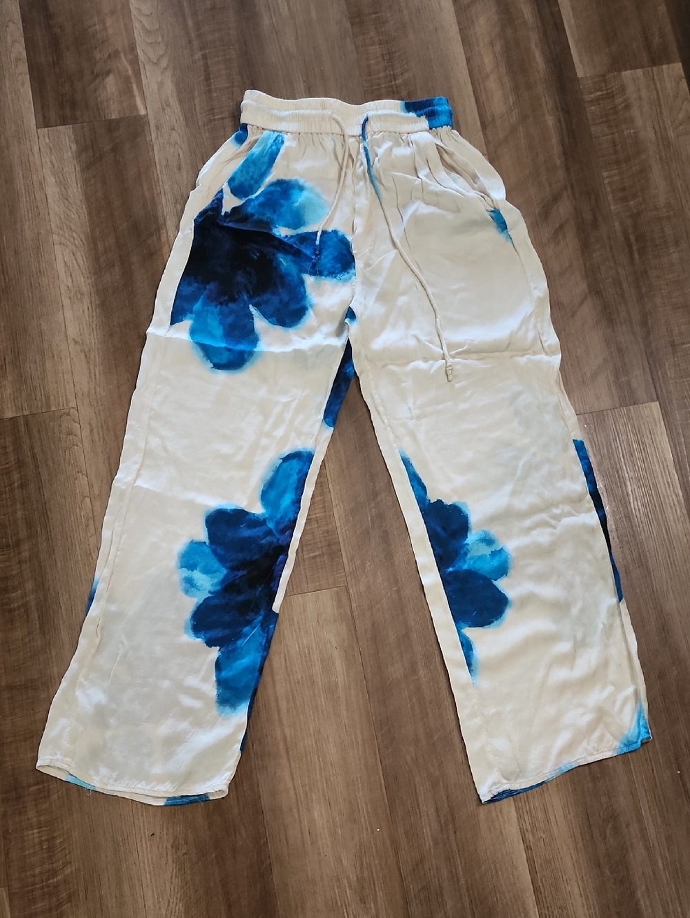 Zara Blue Floral Wide Leg Pants Cream High Rise Flowy Crop Ankle Boho